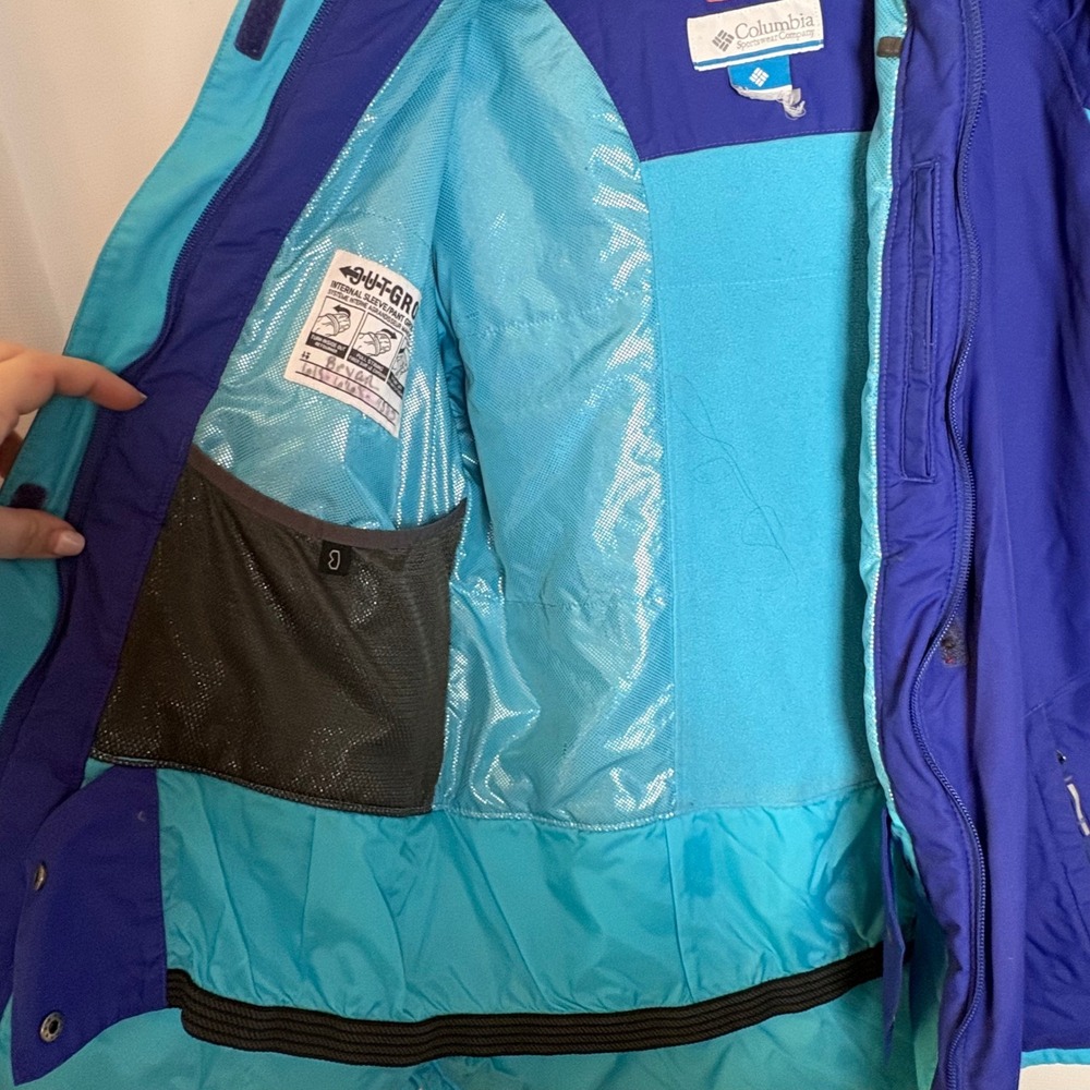 Columbia Boys Omni-Tech Ski Jacket Blue Teal Hooded Rain Coat Med Grow System - Picture 10 of 12